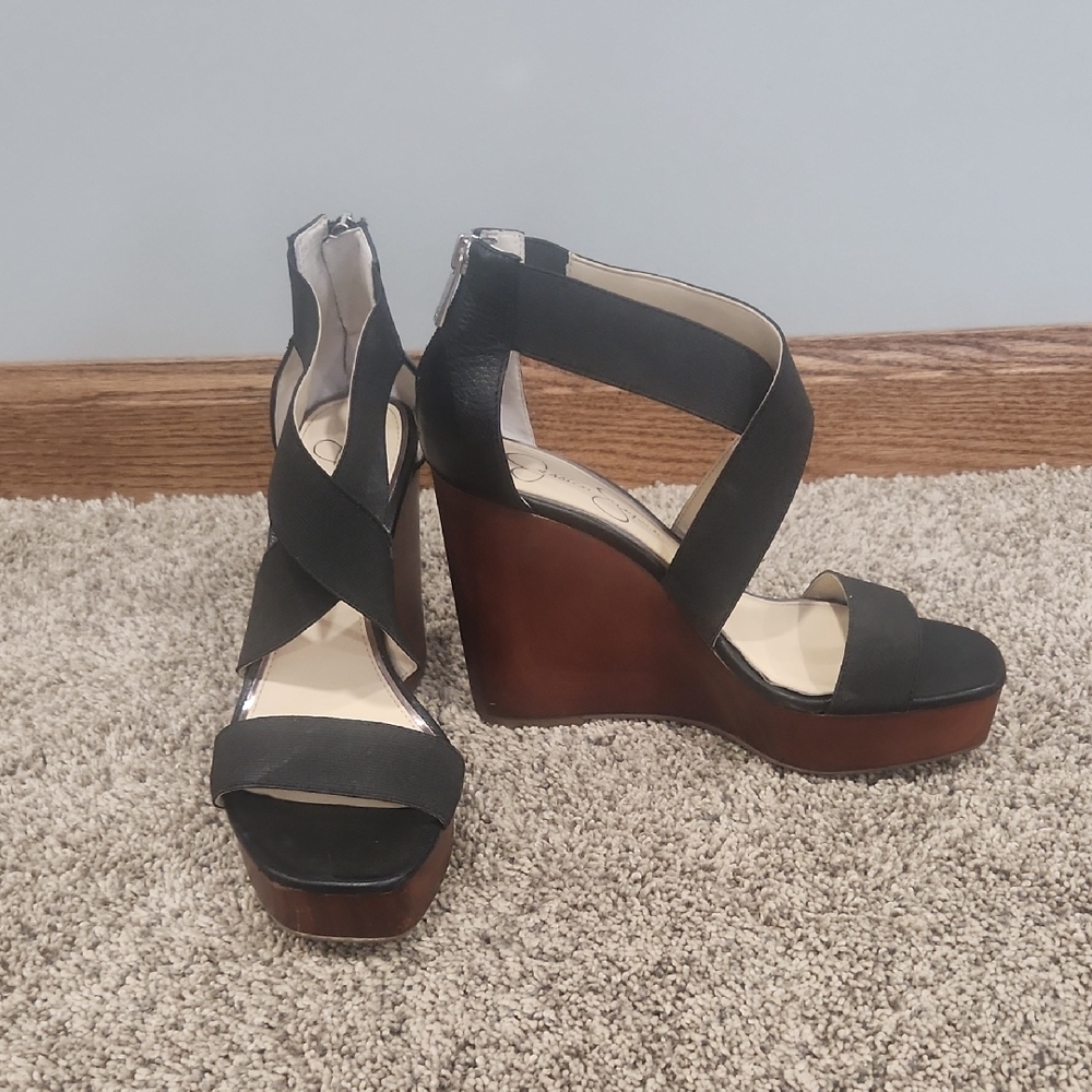 Jessica Simpson Black and Brown Wedge Sandals
